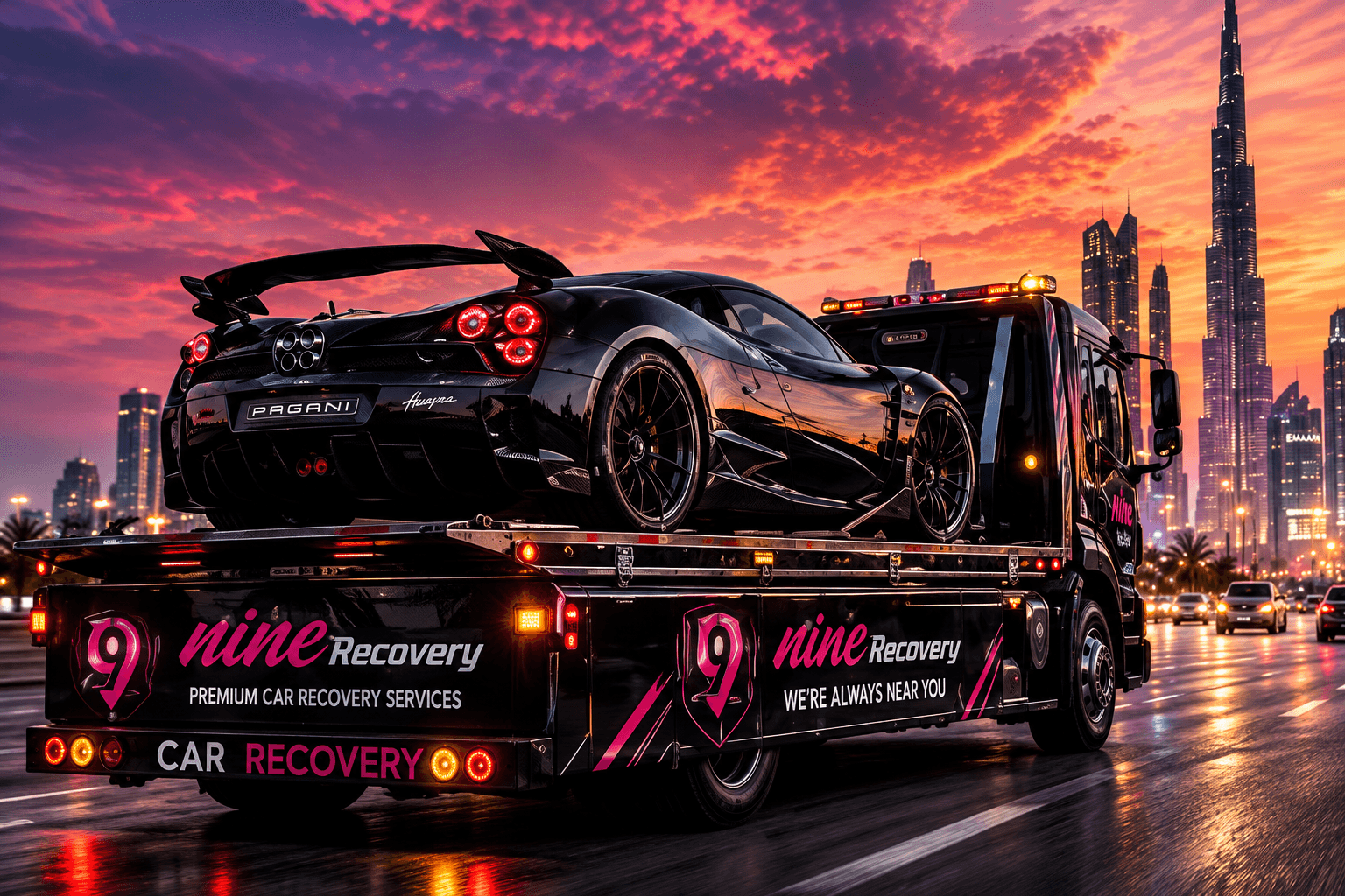 A Nine Recovery flatbed carrying a black Pagani Huayra past the Burj Khalifa at sunset