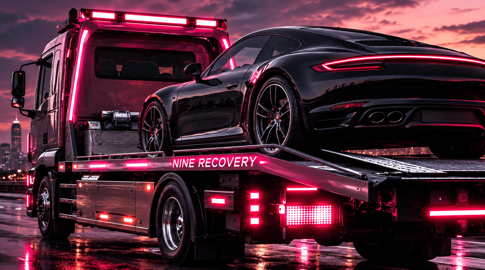 A black Porsche secured on a Nine Recovery flatbed truck
